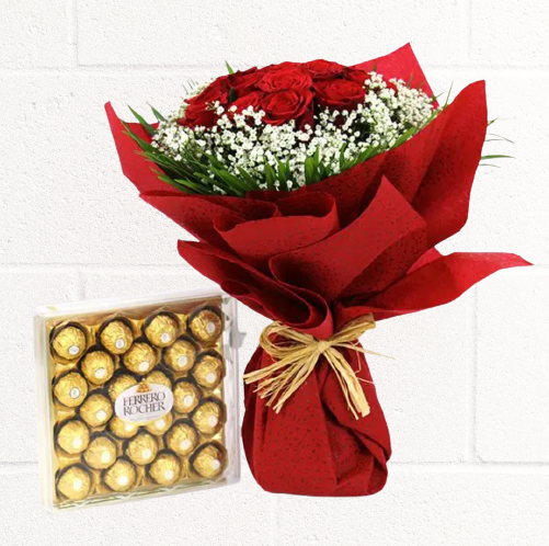 12 Red Roses Bouquet with Ferero Rochers Chocolate